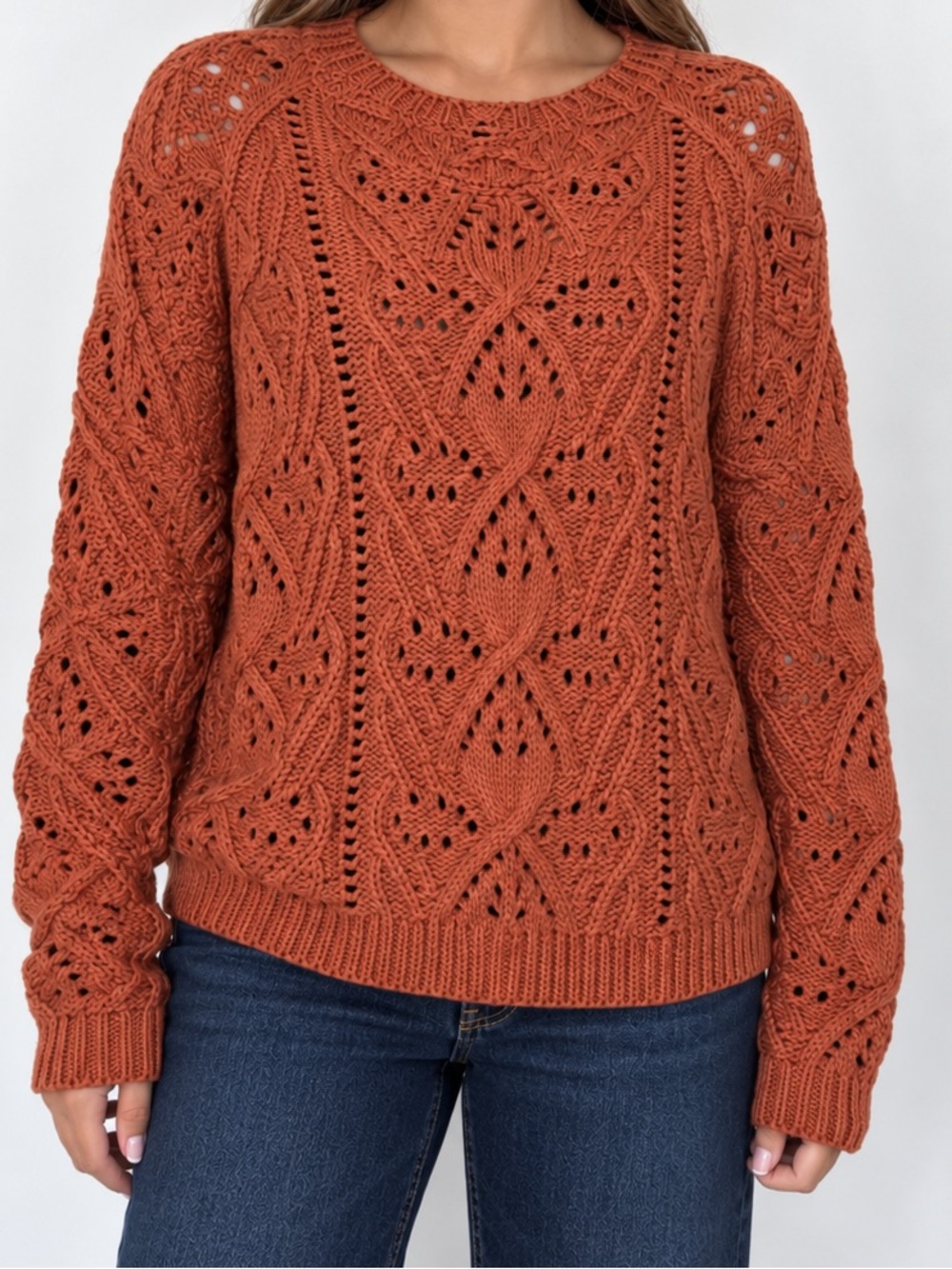 Indigo Soul Rust Open Knit Sweater Women’s Large Boho Crochet Pullover